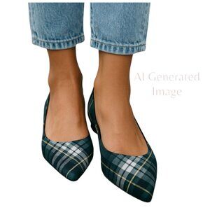 Talbots Classic Green Blue Plaid Slip On Pointed Toe Low Block Heel Shoes Sz 9 M